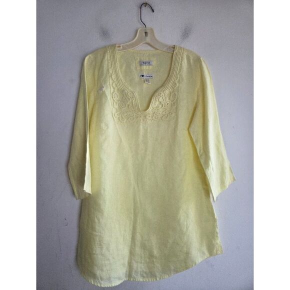 Malvin Hamburg Yellow Embroidered V-Neck 100% Linen Tunic Blouse size Large - Picture 5 of 6